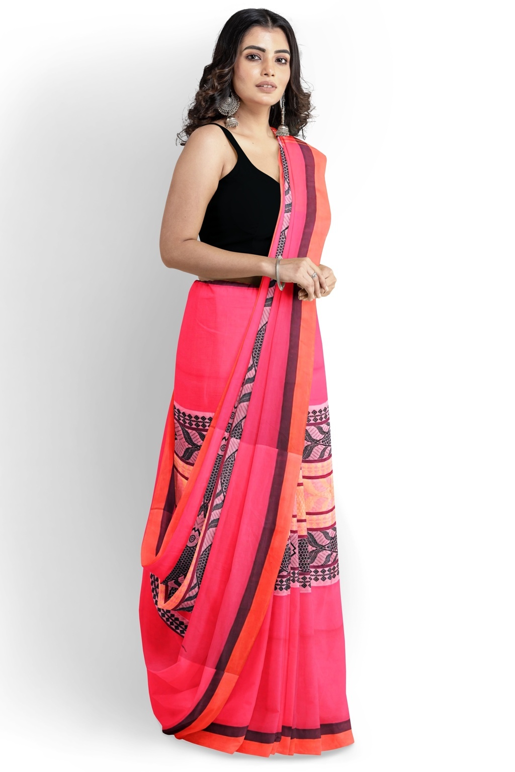 Pink Orange Pure Cotton Marine Hand Loom Saree (1278)